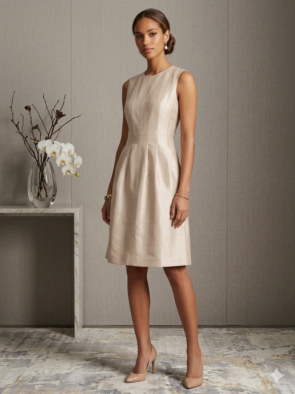 Donna Karan Sleeveless Beige Sheath Dress